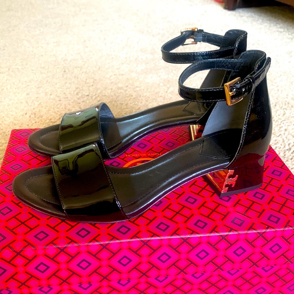 Tory Burch Finley Black Patent Sandals.
